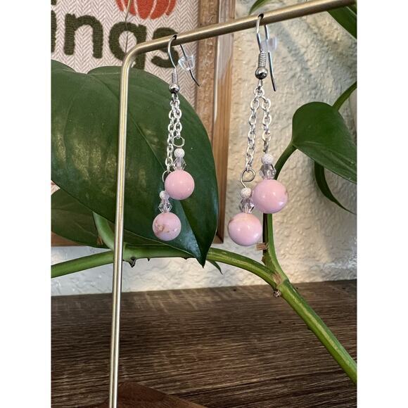 Faux Pink Turquoise & Crystal Beaded Dangle Earrings, Silver Tone  NEW - Picture 7 of 7
